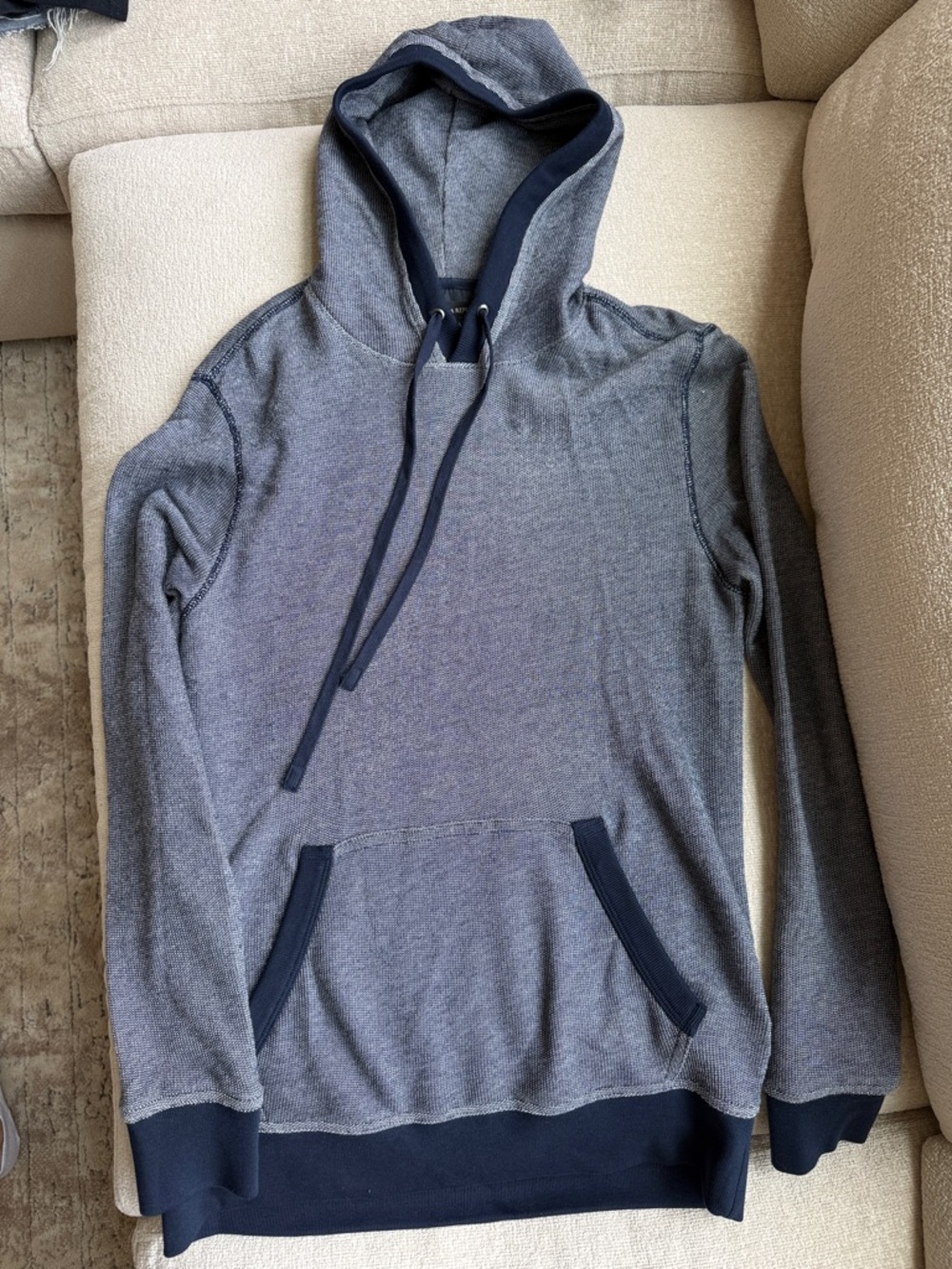 Men's Hooded Pullover Sweatshirt - Heather Gray with Navy Trim
